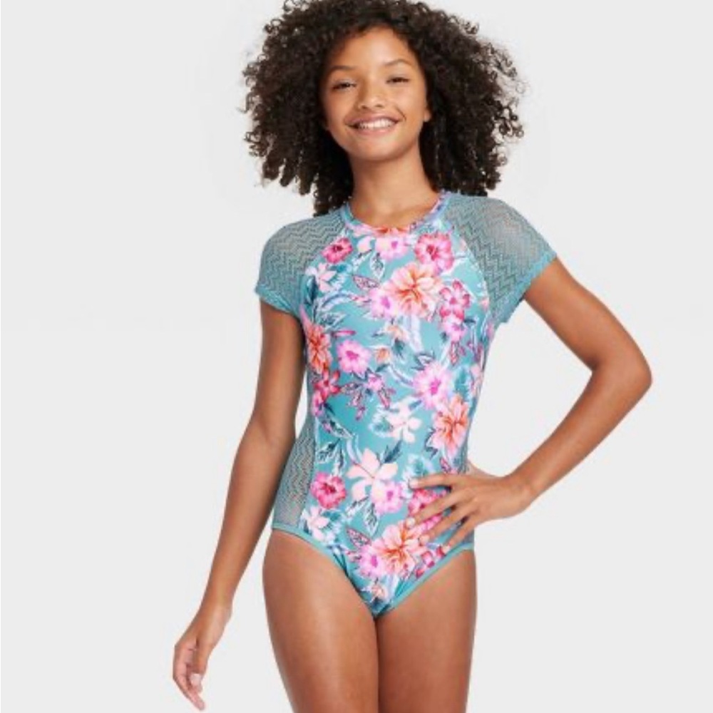 Girls' Sweet Floral Surf One Piece Swimsuit - art class™ Blue